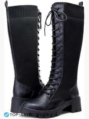 Knee High Combat Boots Chunky Platform Heel Lace Up Gothic Punk Work Boots